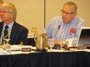 Delta Division Director Mickey Cox, K5MC, listens as Great Lakes Division Director Jim Weaver, K8JE, raises a question at the Board meeting. [Joel Kleinman, N1BKE, Photo]