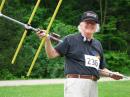 Barry Fox, W1HFN, on the 2 meter course with his measuring-tape Yagi. Barry has been promoting transmitter hunting and organizing hunts near his home in Sterling, Massachusetts. [Joe Moell, K0OV, photo]